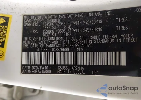 2019 Toyota Highlander Le Plus z USA, uszkodzony, nr VIN 5TDBZRFH4KS976699